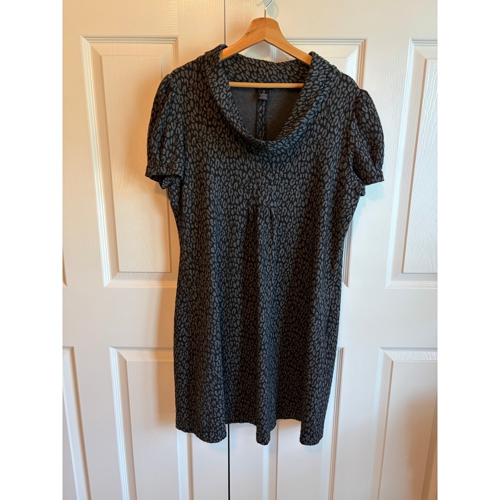 New Directions Dress Womens 16 Gray Black Leopard Cowl Neck Sheath Puff Sleeve